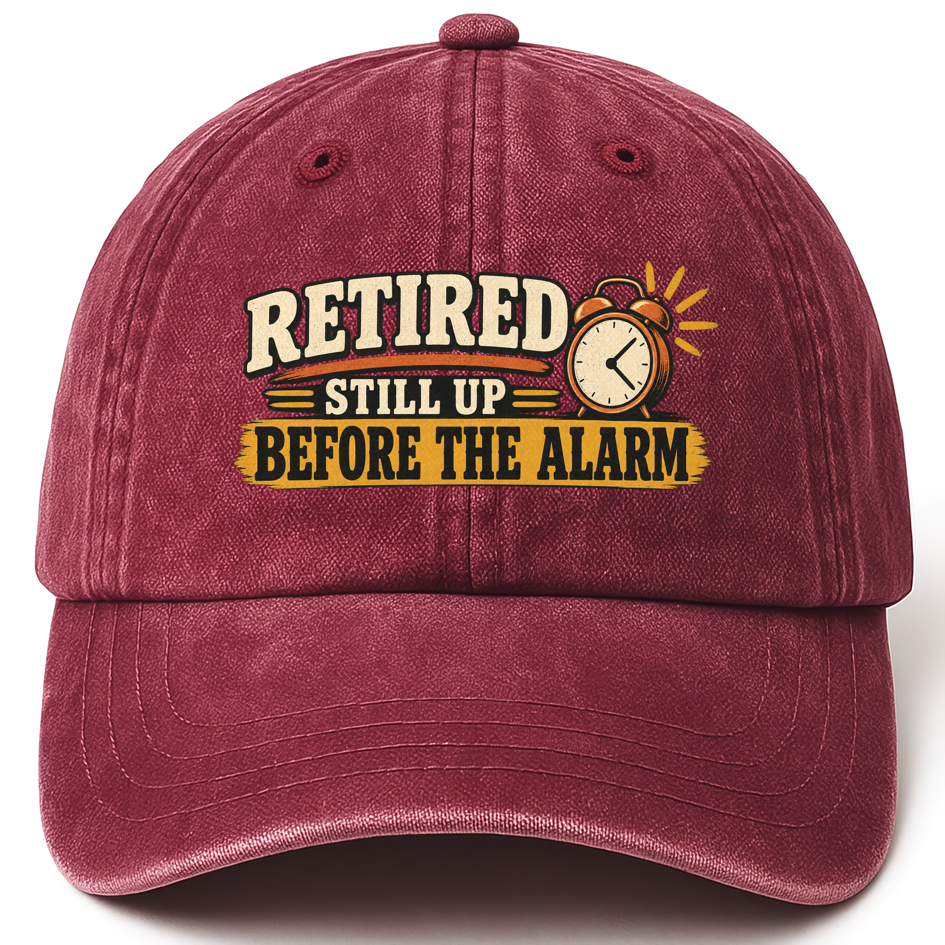 Wine Red vintage washed cap with Retired Still Up Before The Alarm printed front design