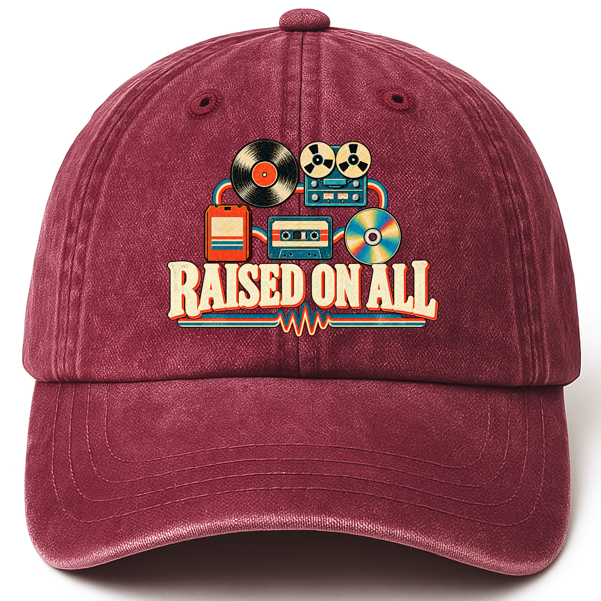 Wine Red vintage washed cap with Raised On All printed front design