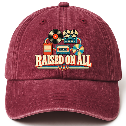 Wine Red vintage washed cap with Raised On All printed front design