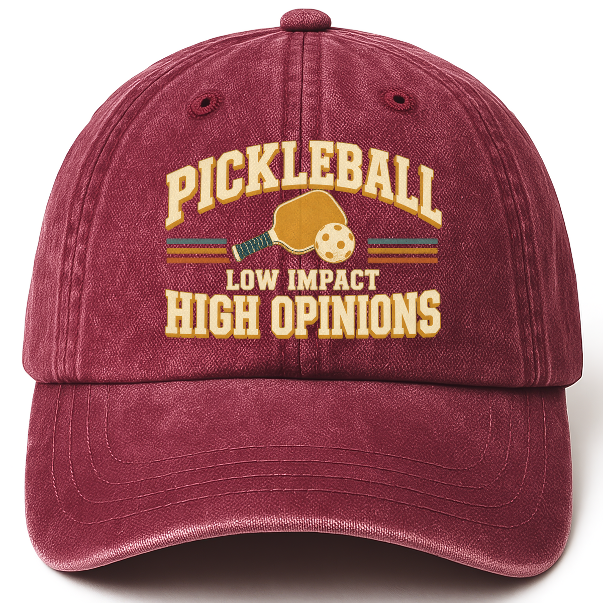 Wine Red vintage washed cap with Pickleball Low Impact. High Opinions printed front design
