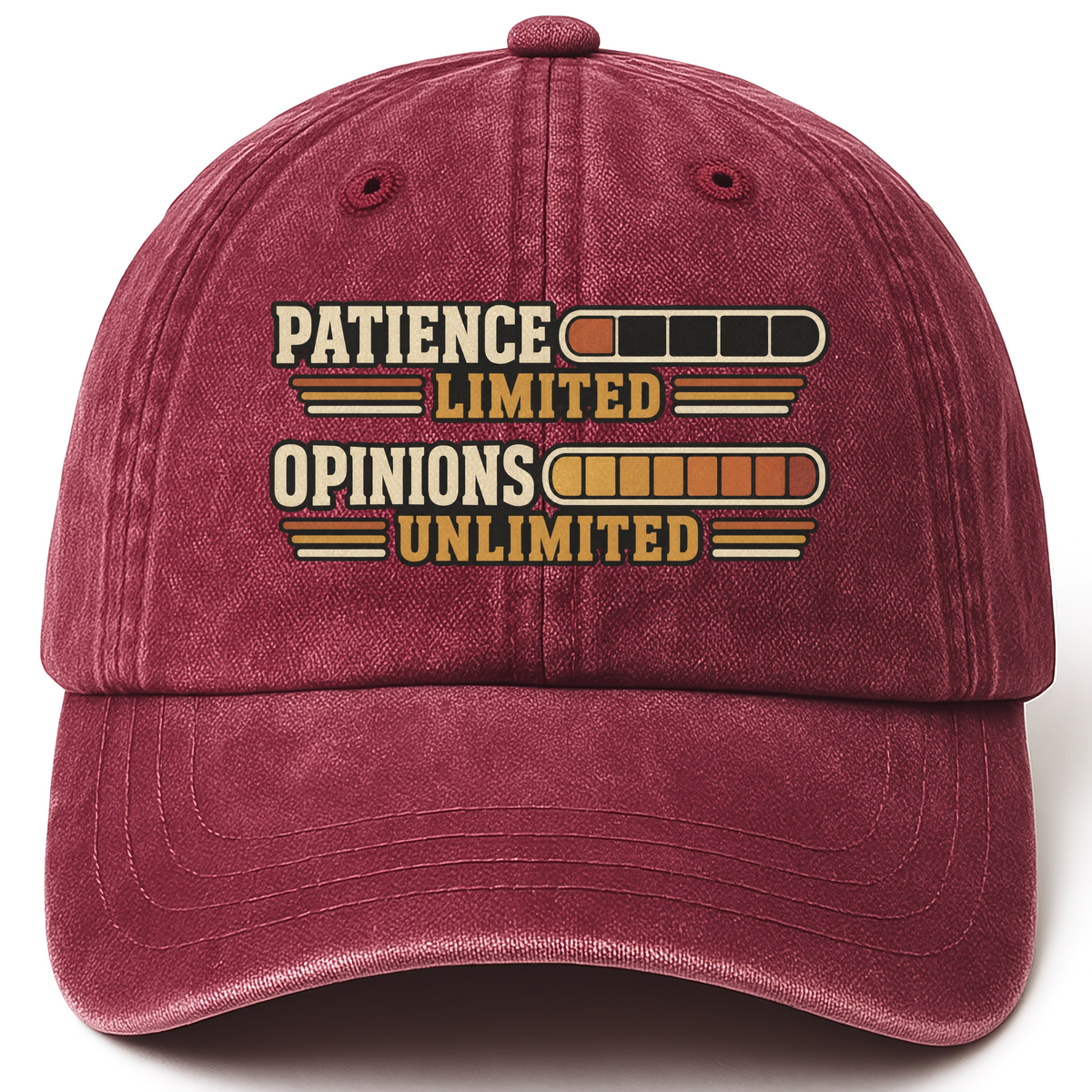 Wine Red vintage washed cap with Patience Limited Opinions Unlimited printed front design