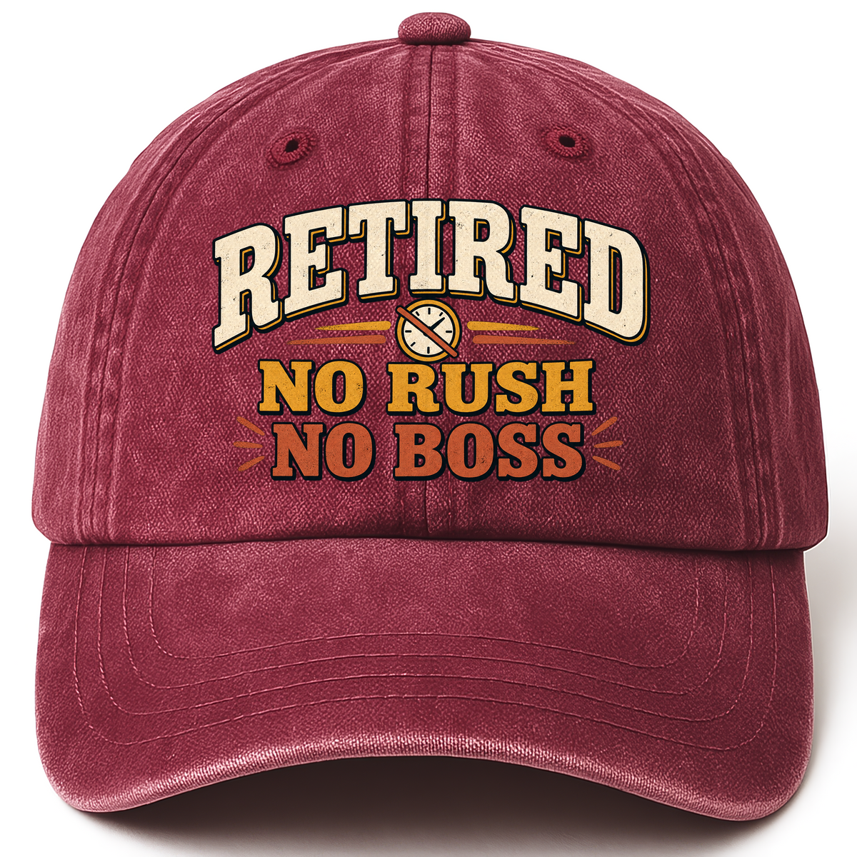 Wine Red vintage washed cap with Believed No Rush No Boss printed front design