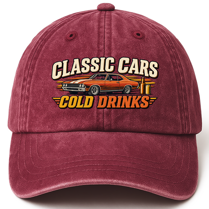 Wine Red vintage washed cap with Classic Cars. Cold Drinks printed front design