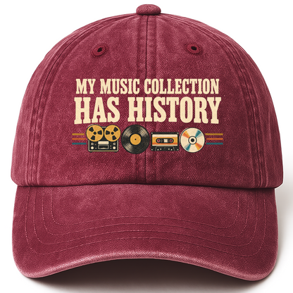 Wine Red vintage washed cap with My Music Collection Has History printed front design