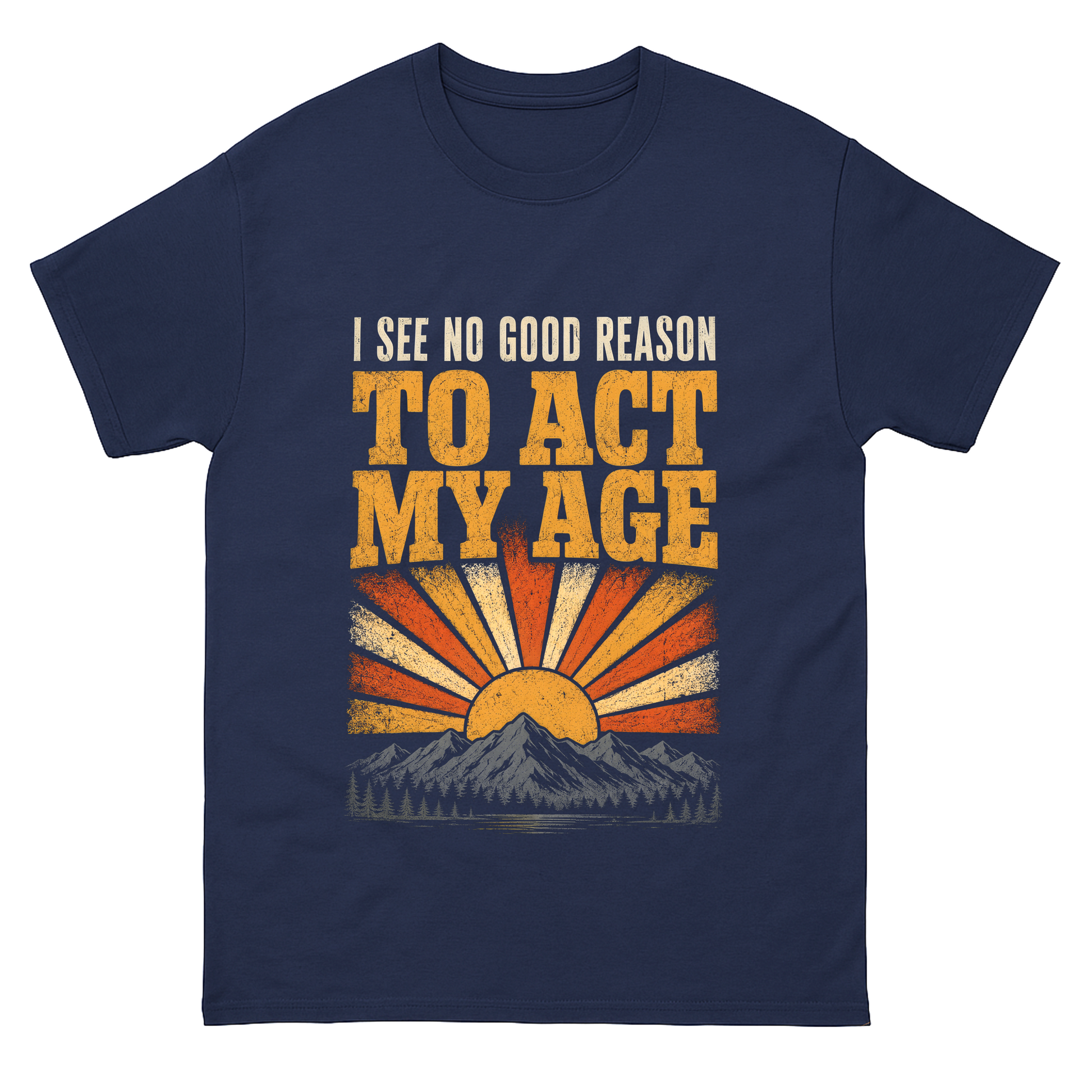 Navy T-shirt with Act My Age sunset mountain front print
