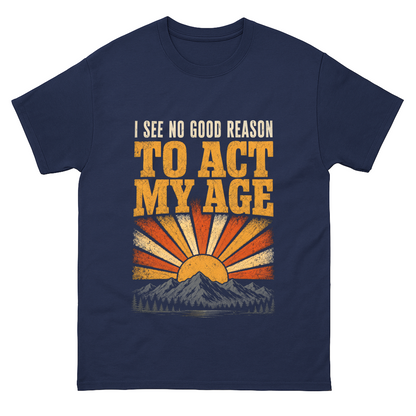 Navy T-shirt with Act My Age sunset mountain front print