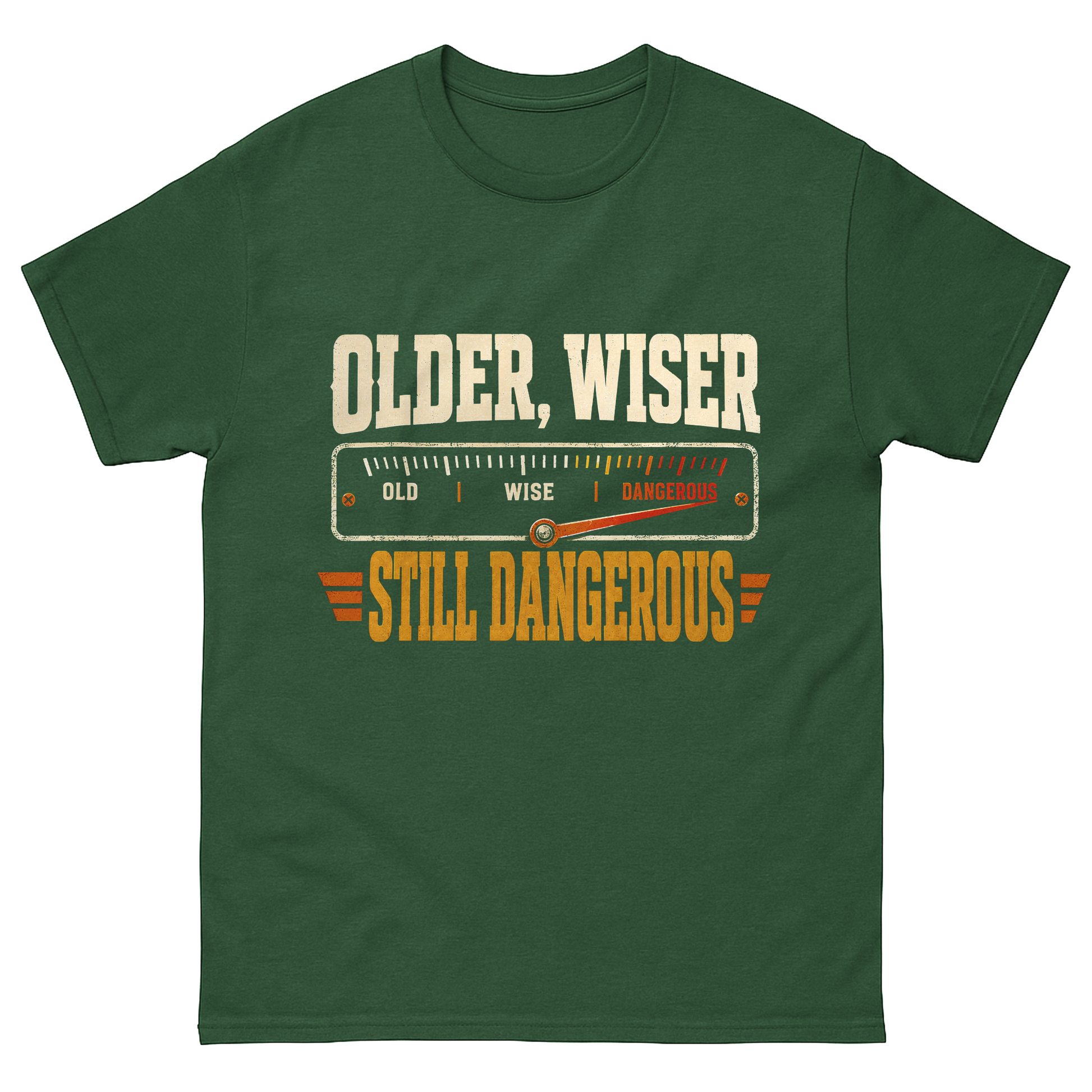 Oldmanism T-shirt featuring Older. Wiser. Still Dangerous graphic print on front