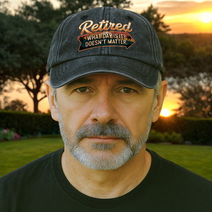 “Retired. What Day Is It? Doesn’t Matter.” Vintage Sunset Neon Style Cap