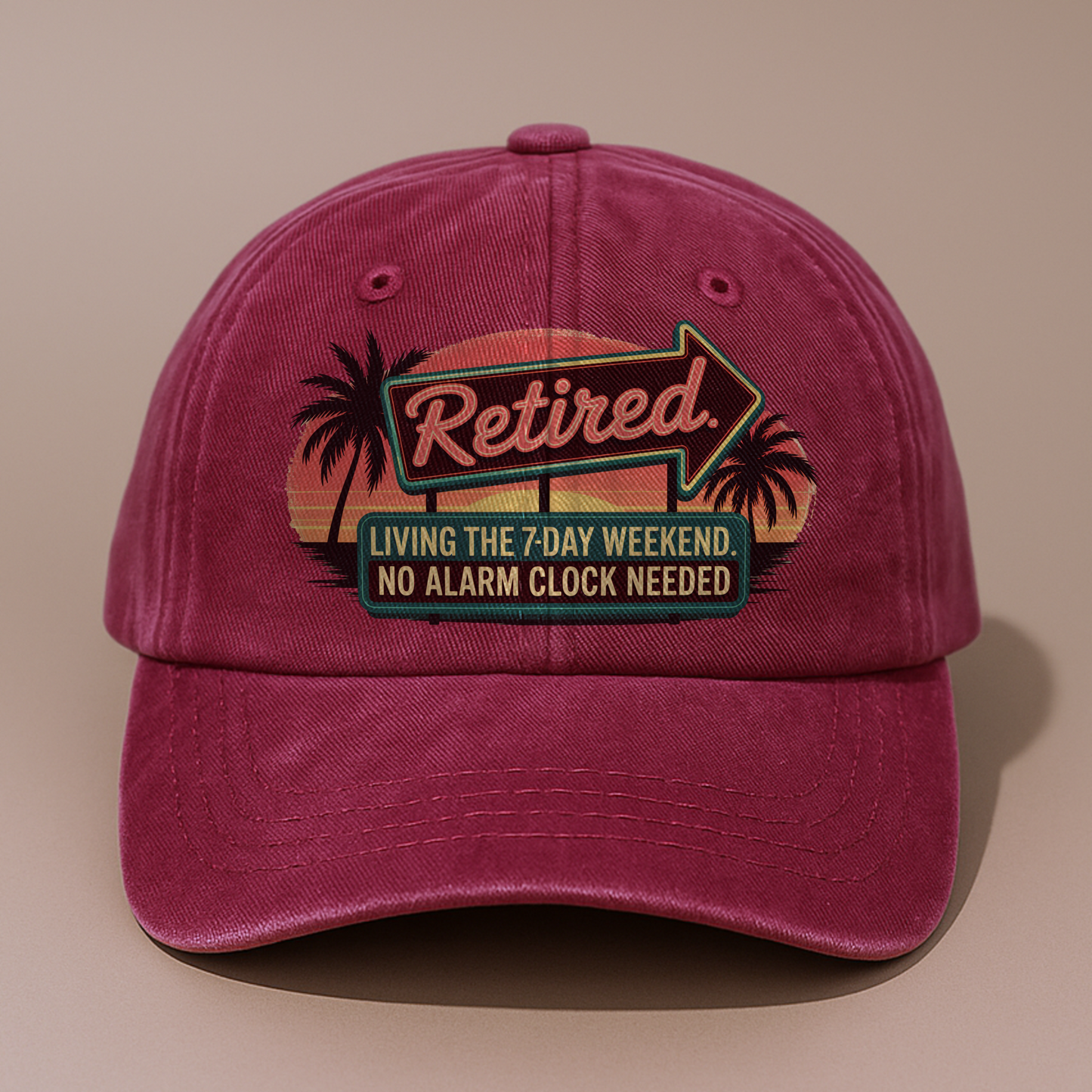 “Retired. Living the 7-Day Weekend” Sunset Motel Retro Neon Vibe Cap