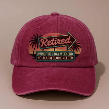 “Retired. Living the 7-Day Weekend” Sunset Motel Retro Neon Vibe Cap