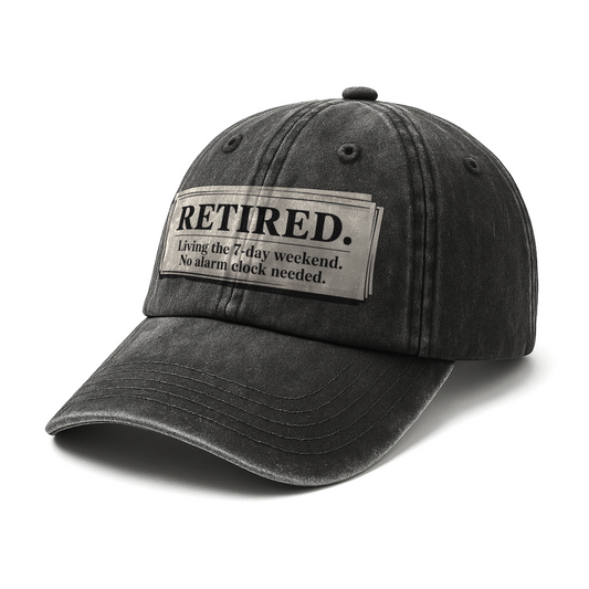 “Retired. Living The 7-day Weekend. No Alarm Clock Needed.” Retro Newspaper Statement Cap