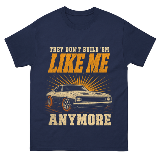Navy T-shirt front with printed Like Me classic car design