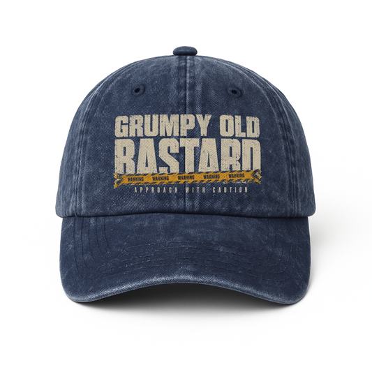 Navy washed cap with Grumpy Old Bastard caution tape front print