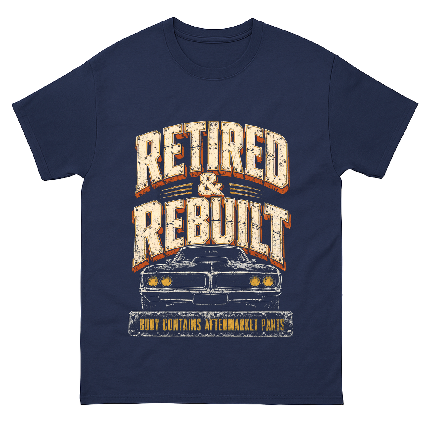 Retired and Rebuilt aftermarket parts T-shirt with printed graphic design