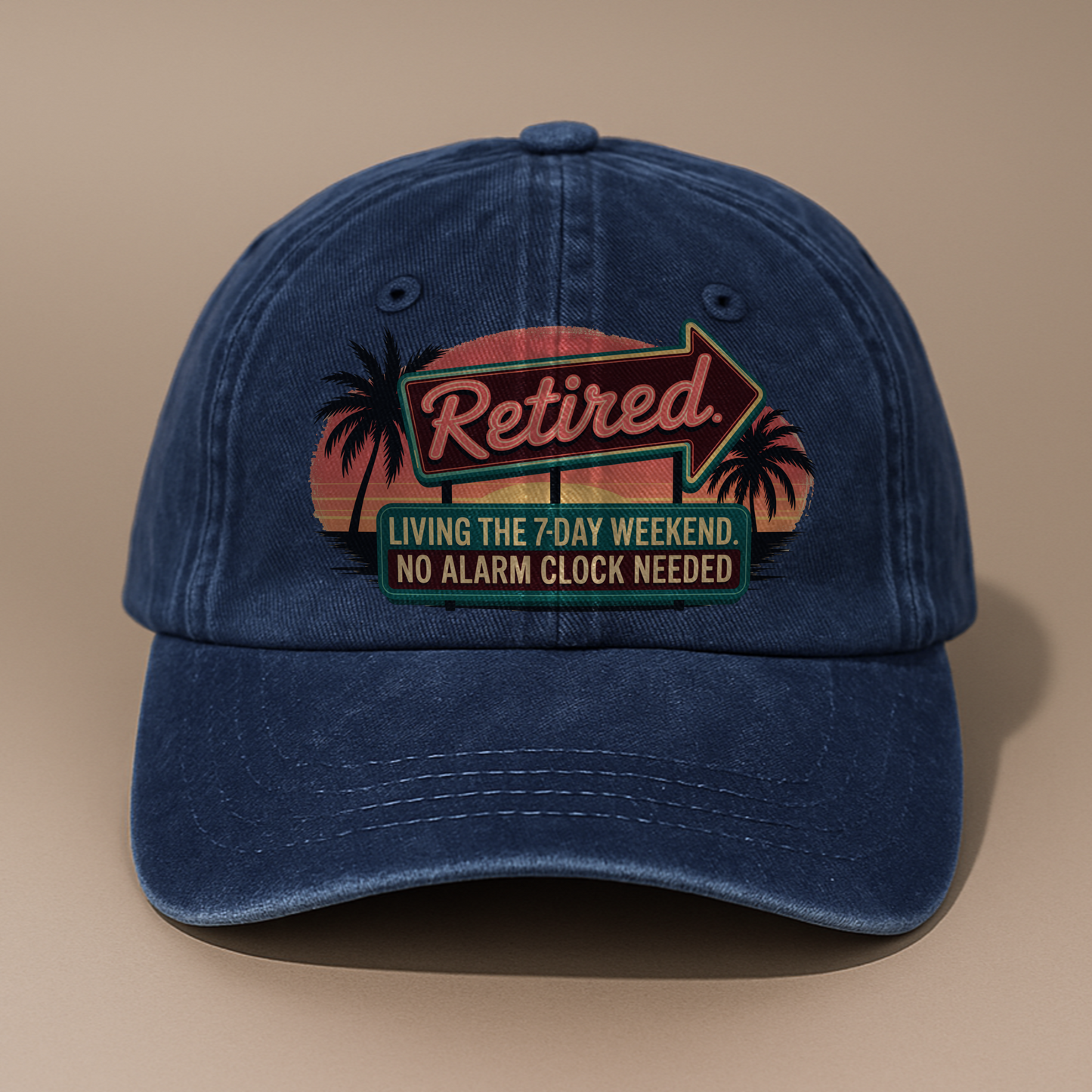 “Retired. Living the 7-Day Weekend” Sunset Motel Retro Neon Vibe Cap