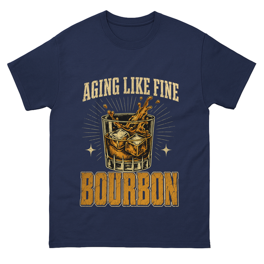 Navy T-shirt with Aging Like Fine Bourbon whiskey glass printed graphic