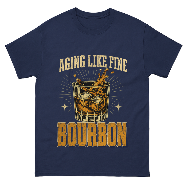 Navy T-shirt with Aging Like Fine Bourbon whiskey glass printed graphic