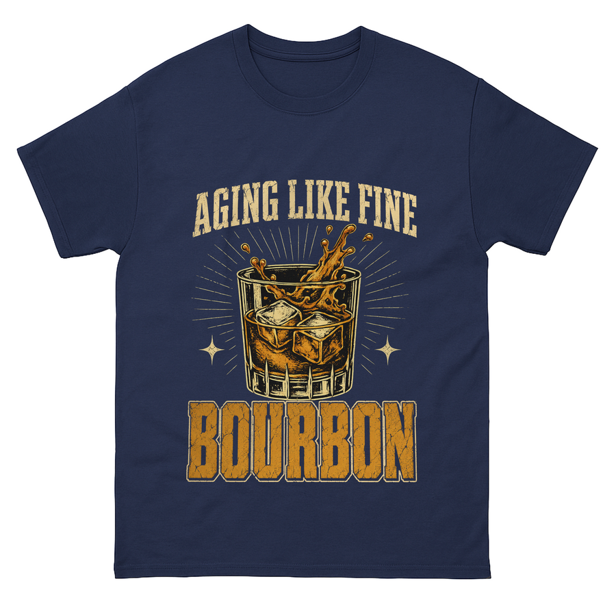 Navy T-shirt with Aging Like Fine Bourbon whiskey glass printed graphic