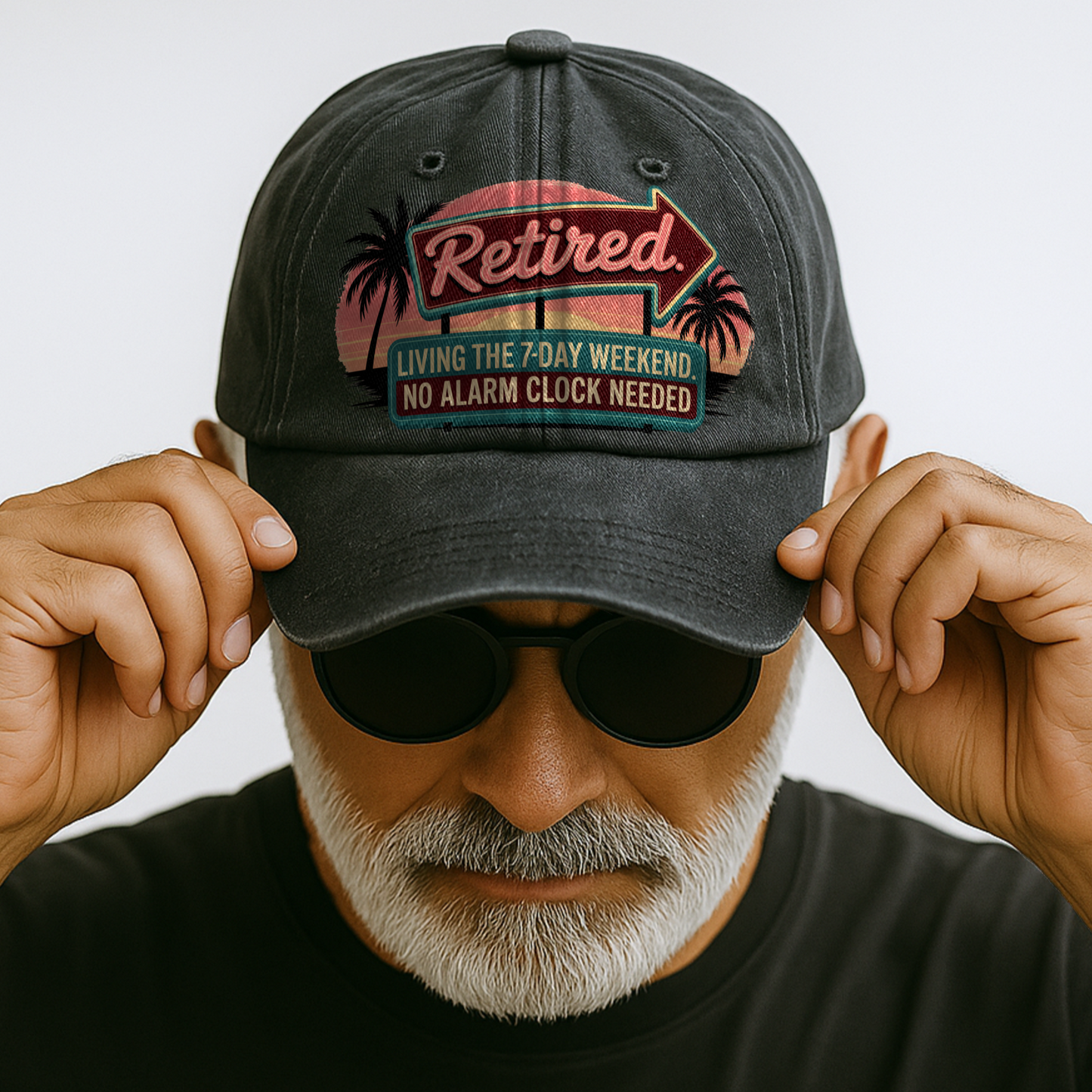 “Retired. Living the 7-Day Weekend” Sunset Motel Retro Neon Vibe Cap