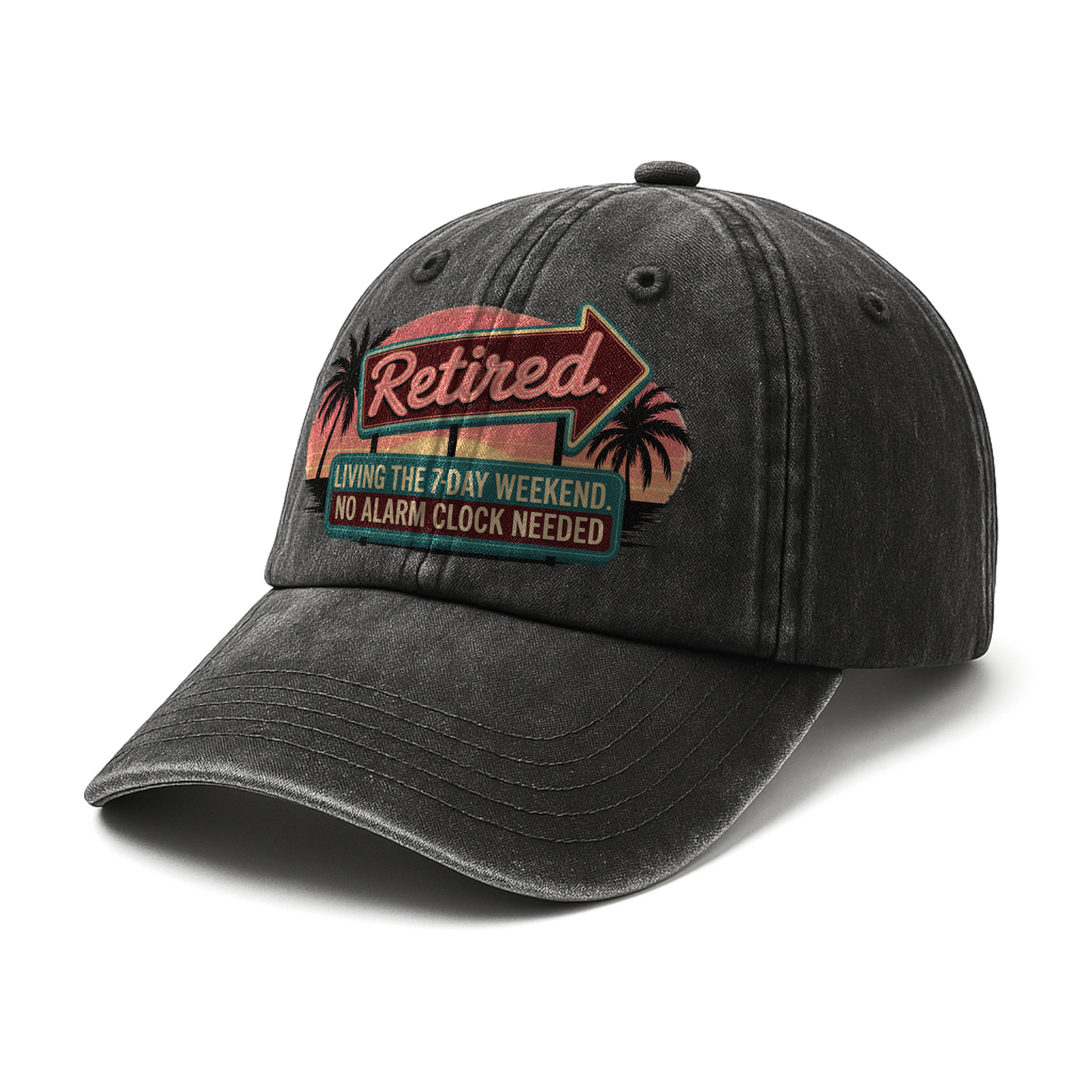 “Retired. Living the 7-Day Weekend” Sunset Motel Retro Neon Vibe Cap