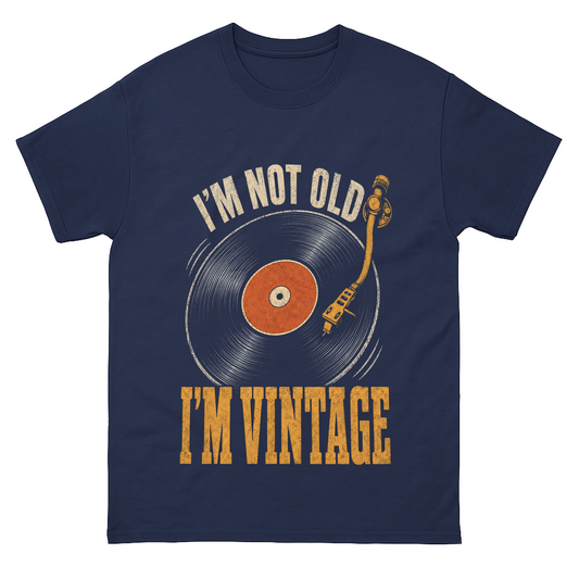 Navy T-shirt with I'm Not Old, I'm Vintage record player front print