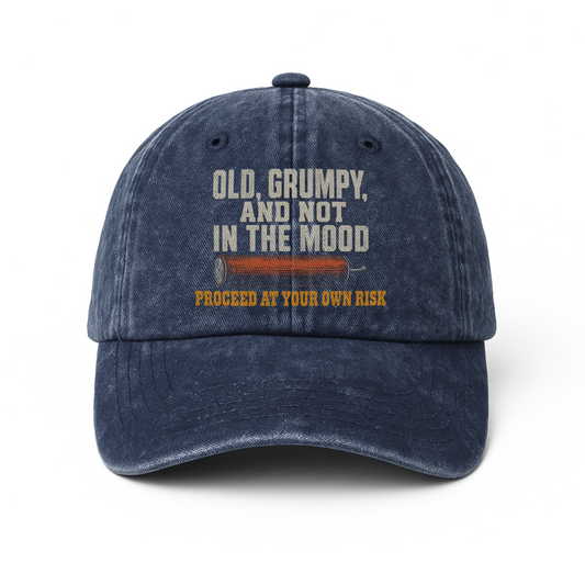 Navy washed cap with Old Grumpy Not in the Mood printed front design