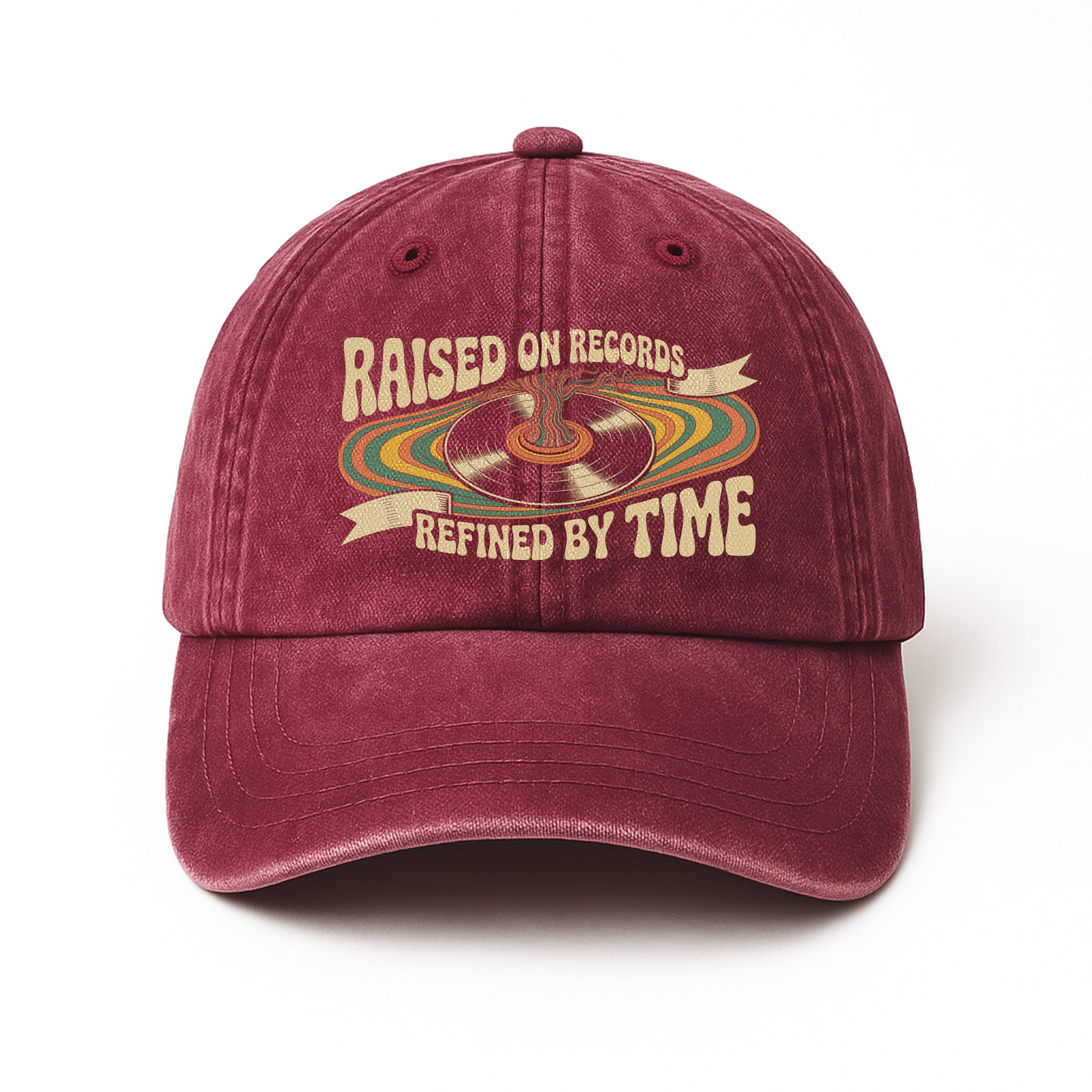 "Raised On Records. Refined By Time" Retro Music Washed Cap