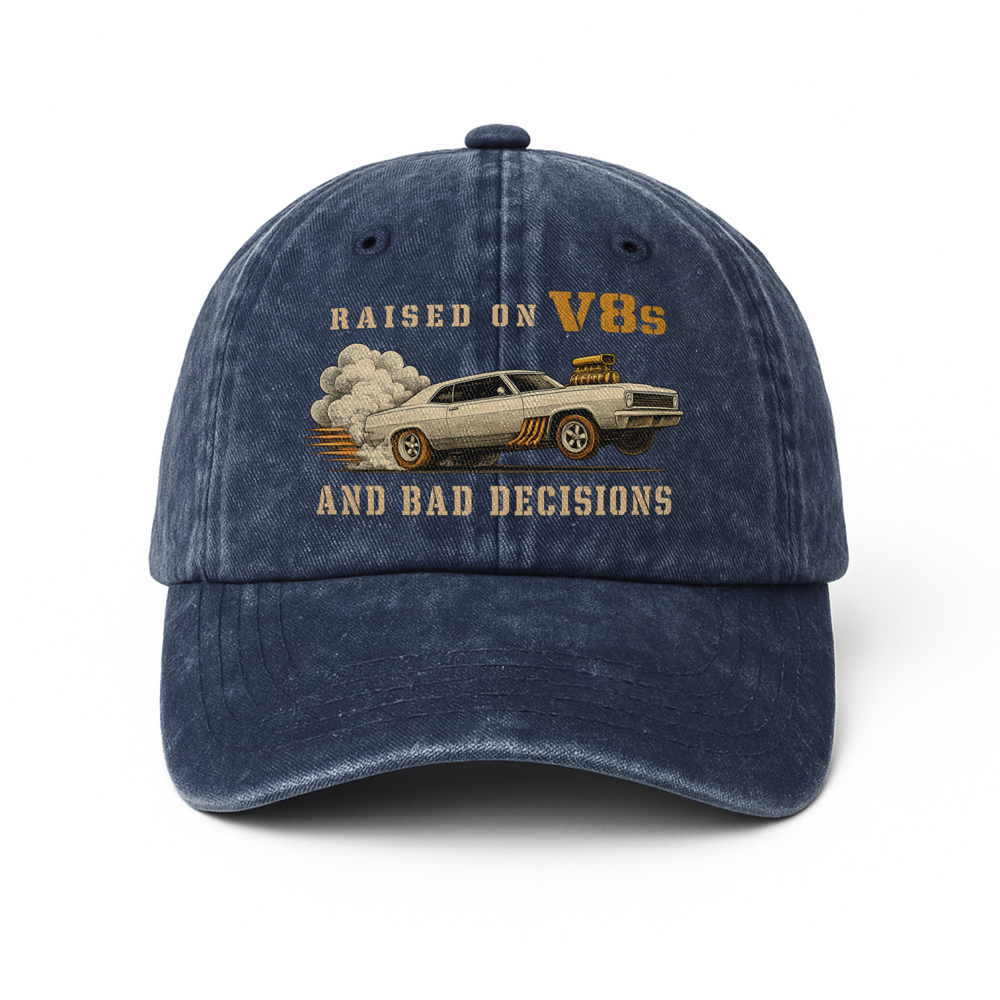 "Raised on V8s and Bad Decisions" Vintage Washed Cap