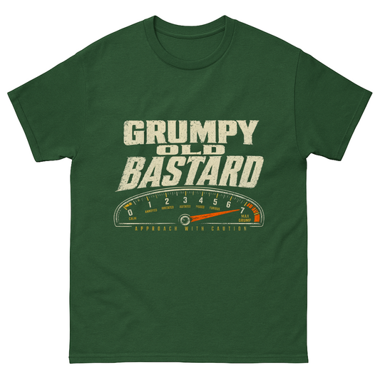 Forest green T-shirt with Grumpy Old Bastard caution gauge front print