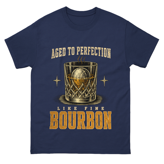 Navy T-shirt with Aged To Perfection Like Fine Bourbon glass printed graphic