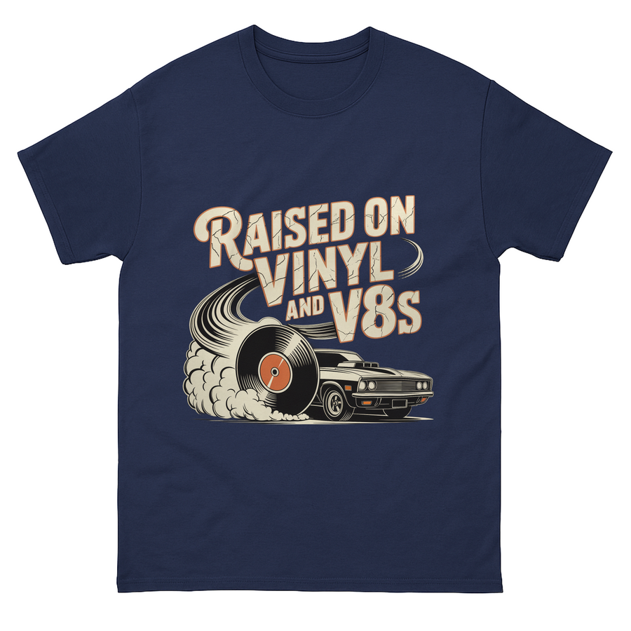 Navy T-shirt with Raised on Vinyl and V8s printed record car design