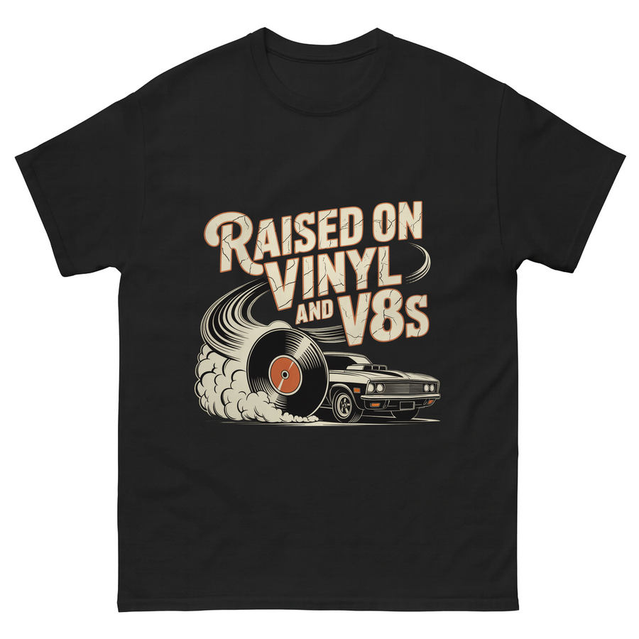 Black T-shirt with Raised on Vinyl and V8s printed record car design
