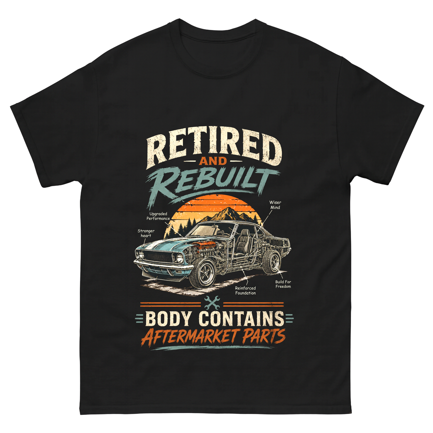 Retired and Rebuilt aftermarket parts T-shirt with printed graphic design