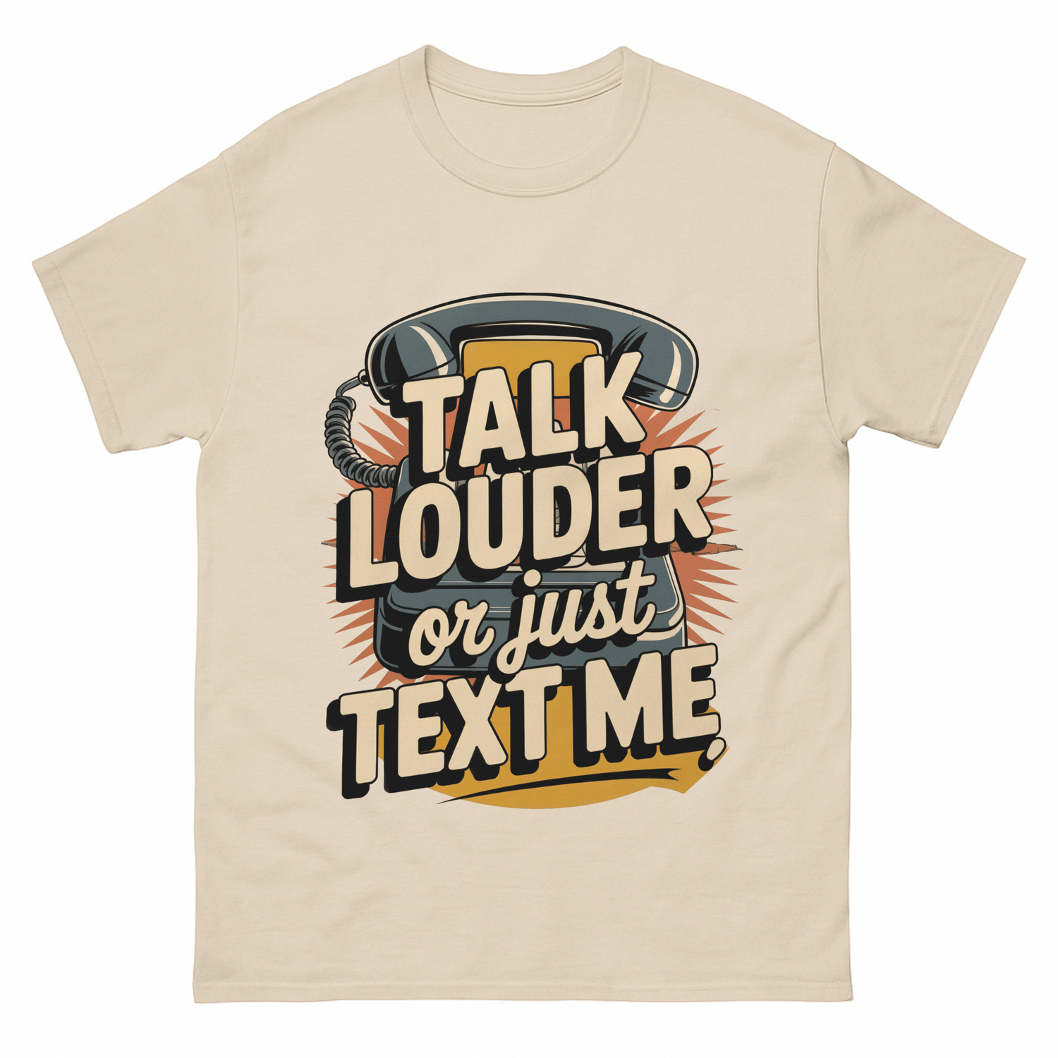Beige T-shirt front with printed Talk Louder text and headphone design