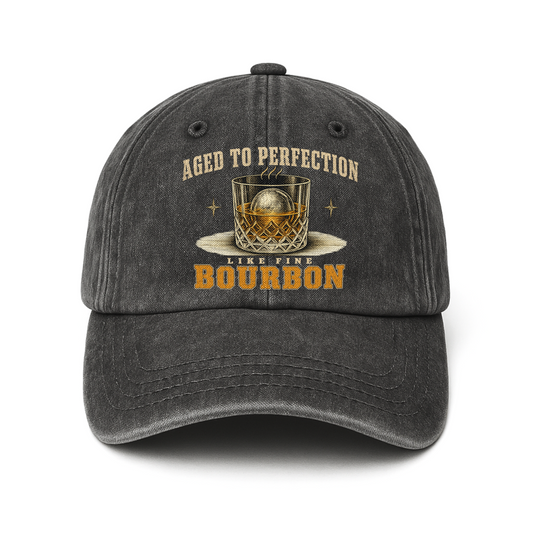 Black washed cap with Aged To Perfection bourbon glass printed front design