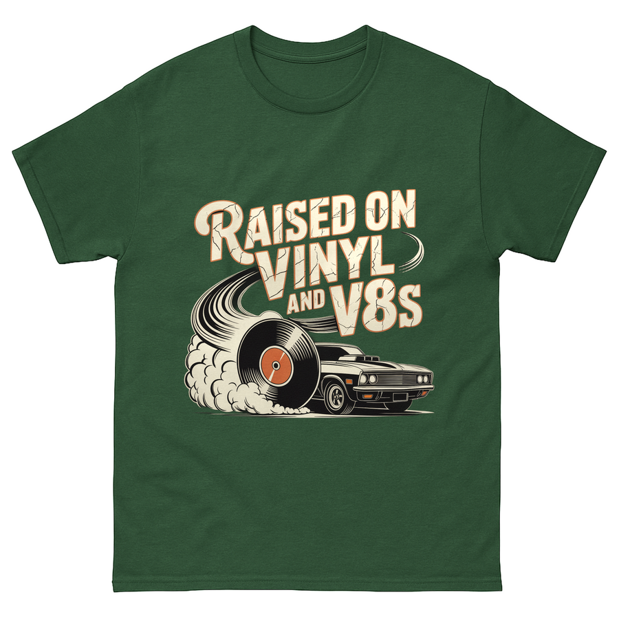 Forest green T-shirt with Raised on Vinyl and V8s printed record car design