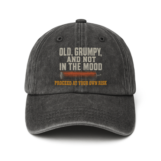 Washed cap with Old Grumpy Not in the Mood printed warning graphic
