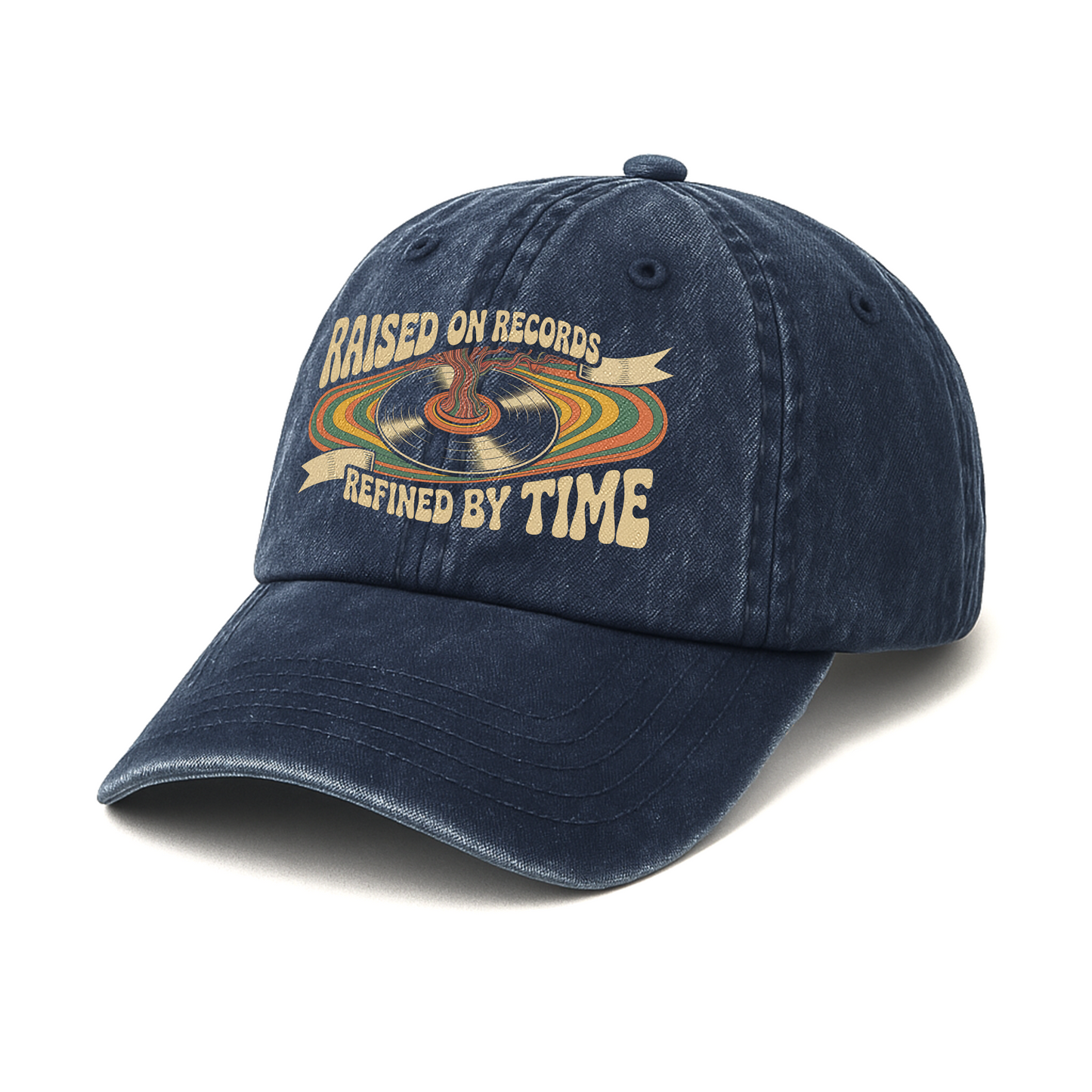 "Raised On Records. Refined By Time" Retro Music Washed Cap