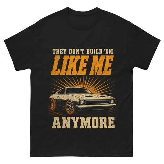 Black T-shirt front with printed Like Me classic car design
