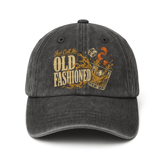 Black washed cap with Old Fashioned whiskey glass front print