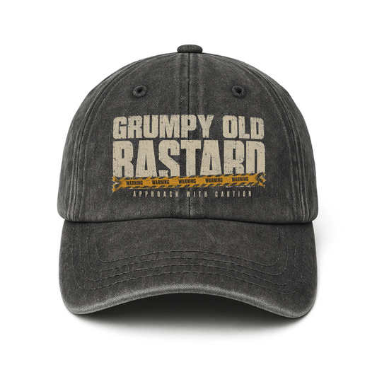 Black washed cap with Grumpy Old Bastard caution tape front design