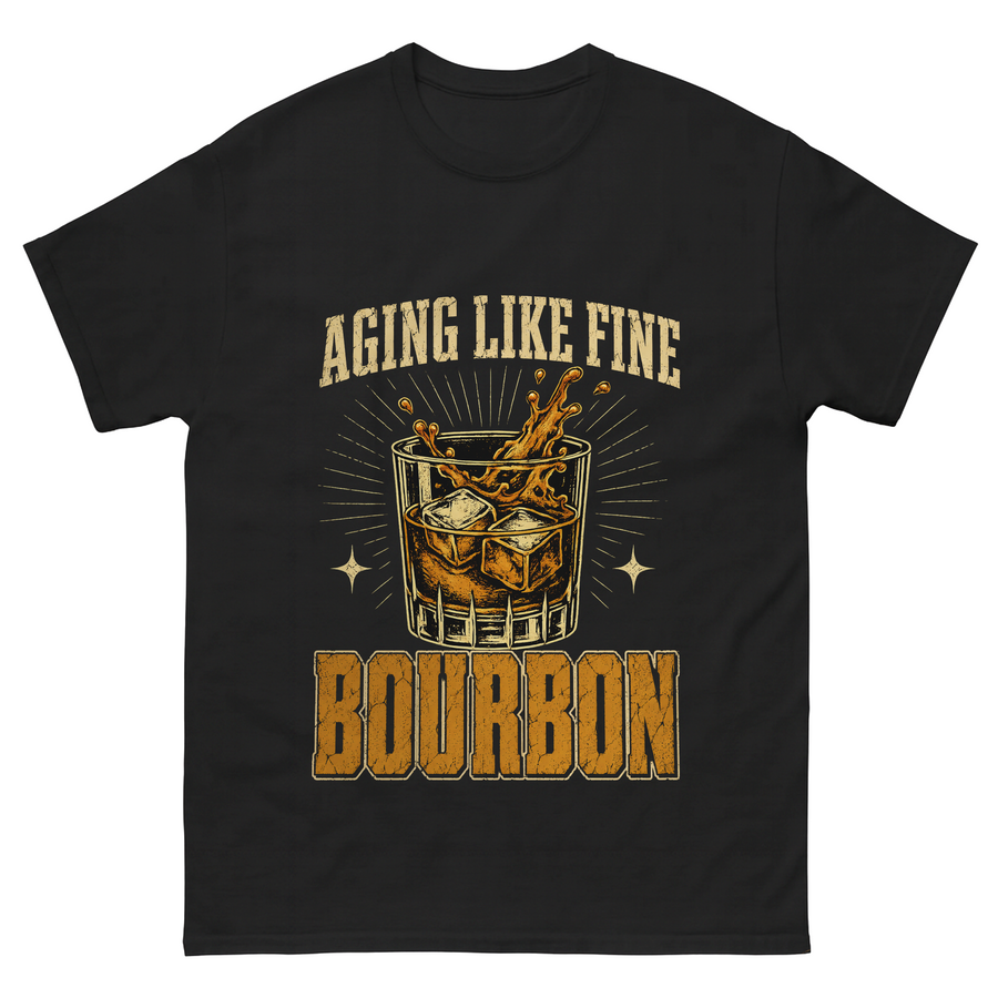 Black T-shirt with Aging Like Fine Bourbon whiskey glass printed graphic