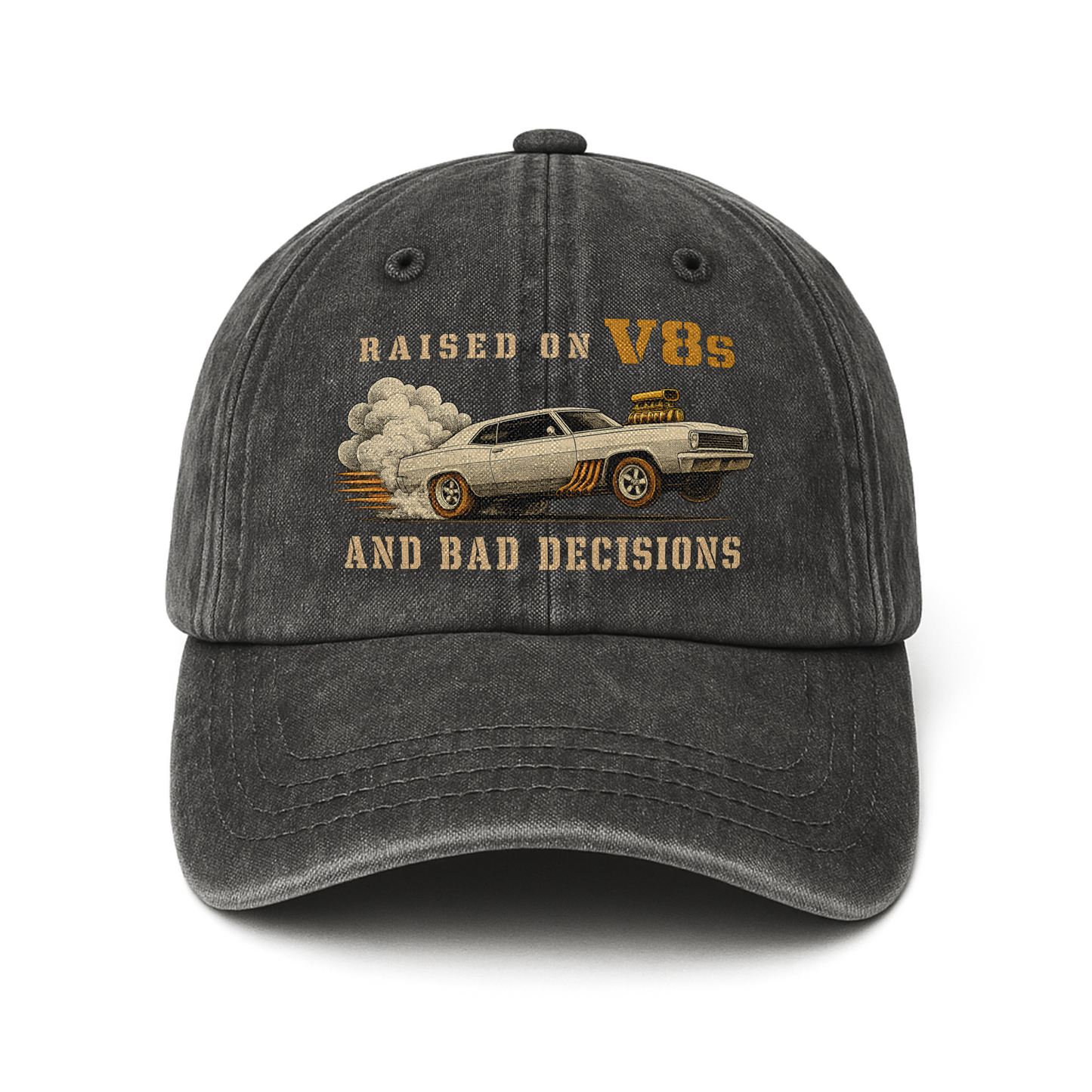 "Raised on V8s and Bad Decisions" Vintage Washed Cap