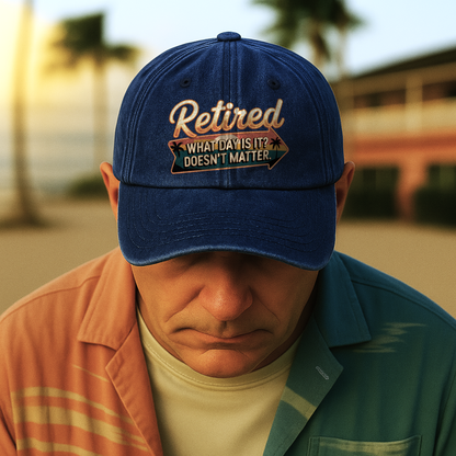 “Retired. What Day Is It? Doesn’t Matter.” Vintage Sunset Neon Style Cap