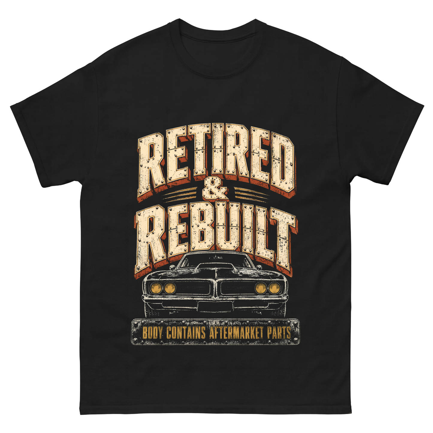 Retired and Rebuilt aftermarket parts T-shirt with printed graphic design