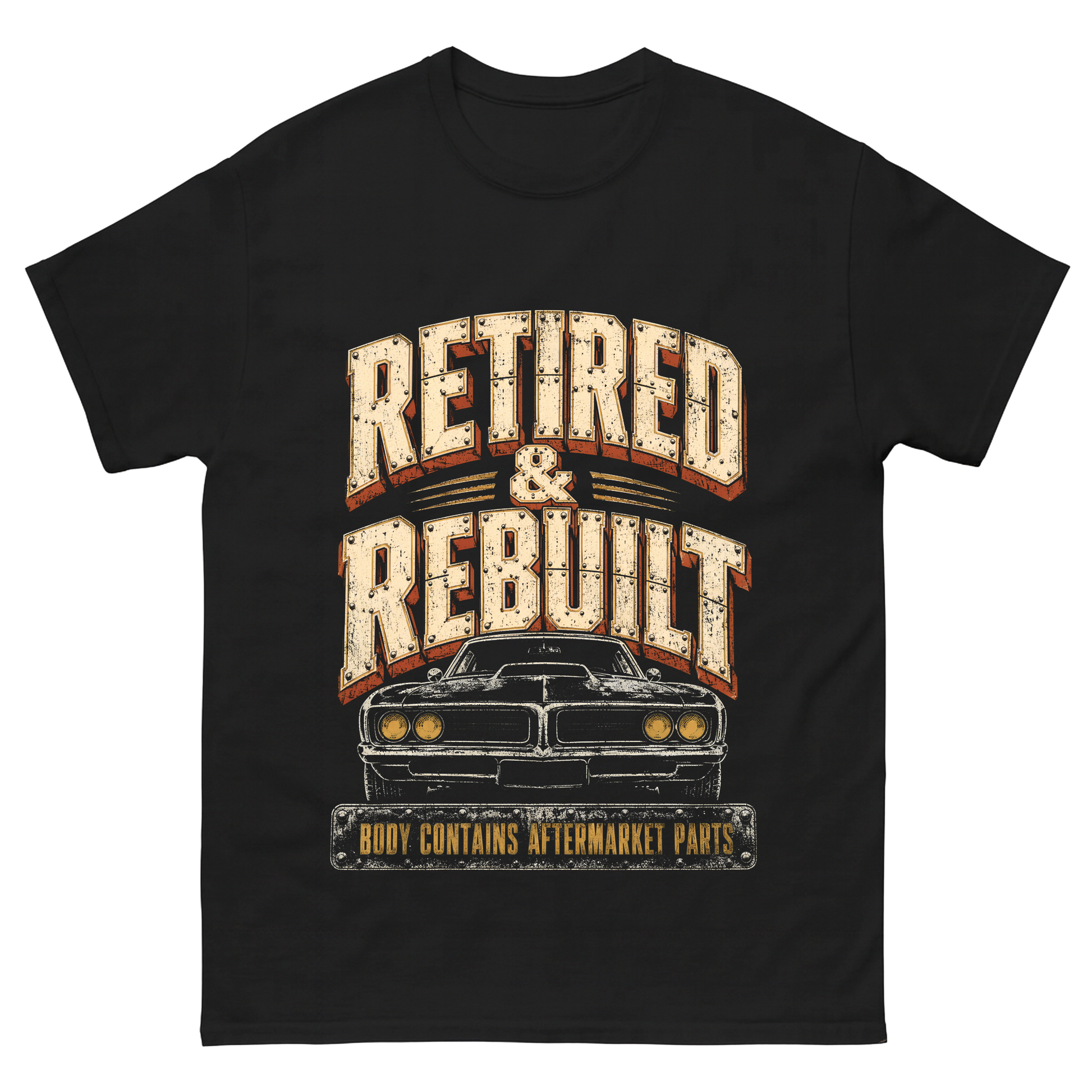 Retired and Rebuilt aftermarket parts T-shirt with printed graphic design