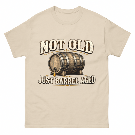 Cream T-shirt with barrel graphic and Not Old, Just Barrel Aged print