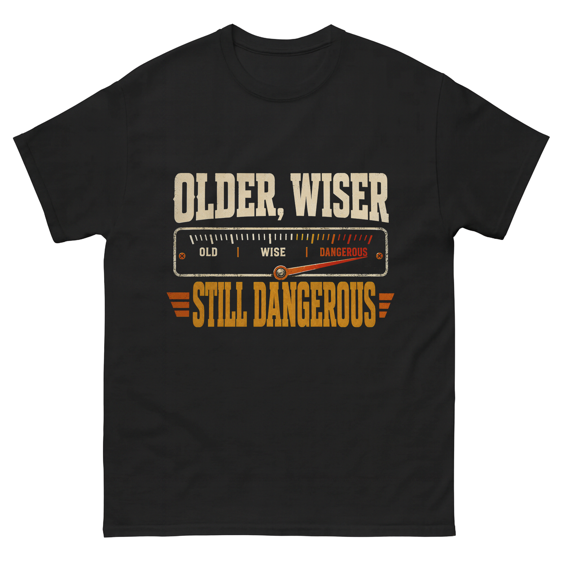 Older. Wiser. Still Dangerous vintage T-shirt shown in lifestyle product photo