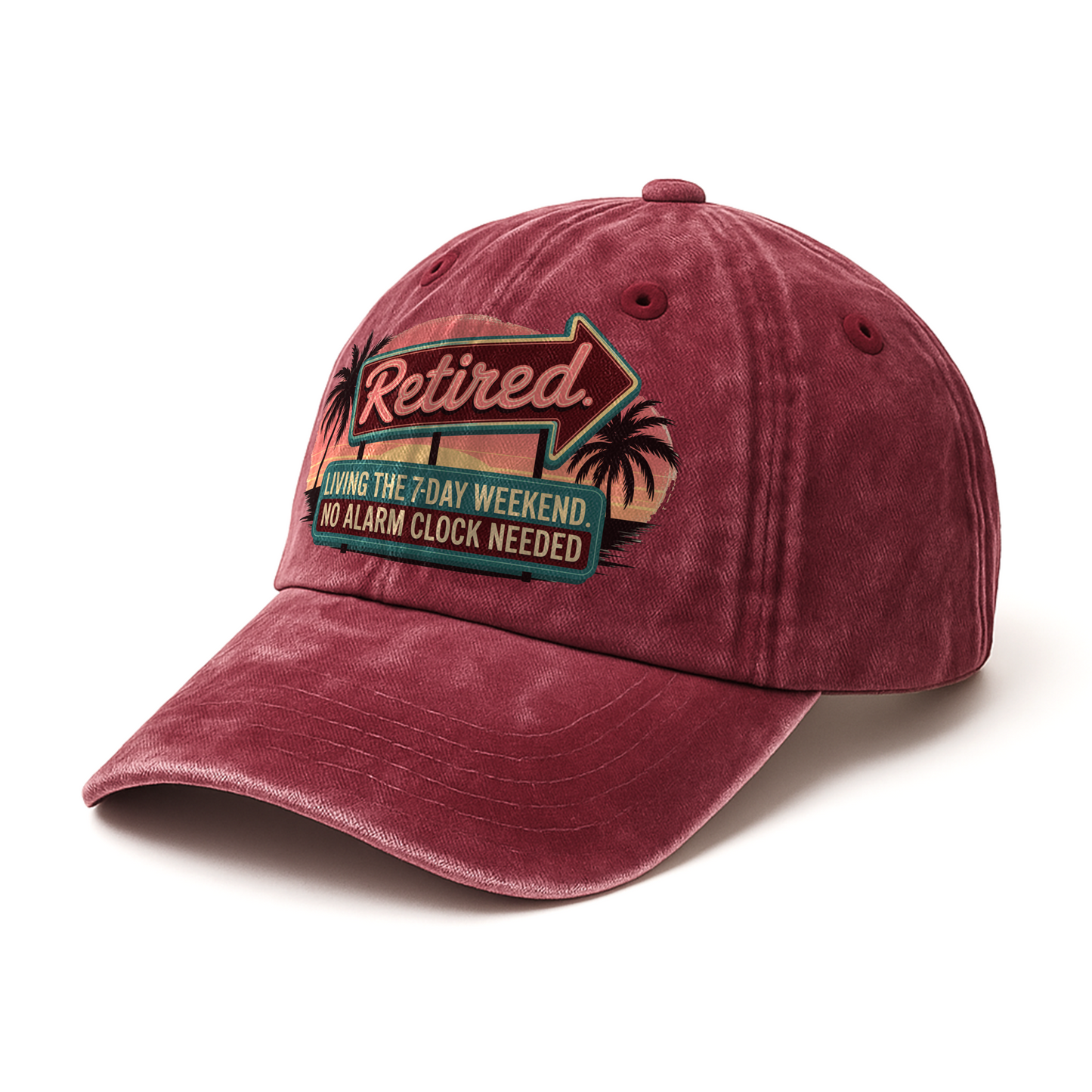 “Retired. Living the 7-Day Weekend” Sunset Motel Retro Neon Vibe Cap