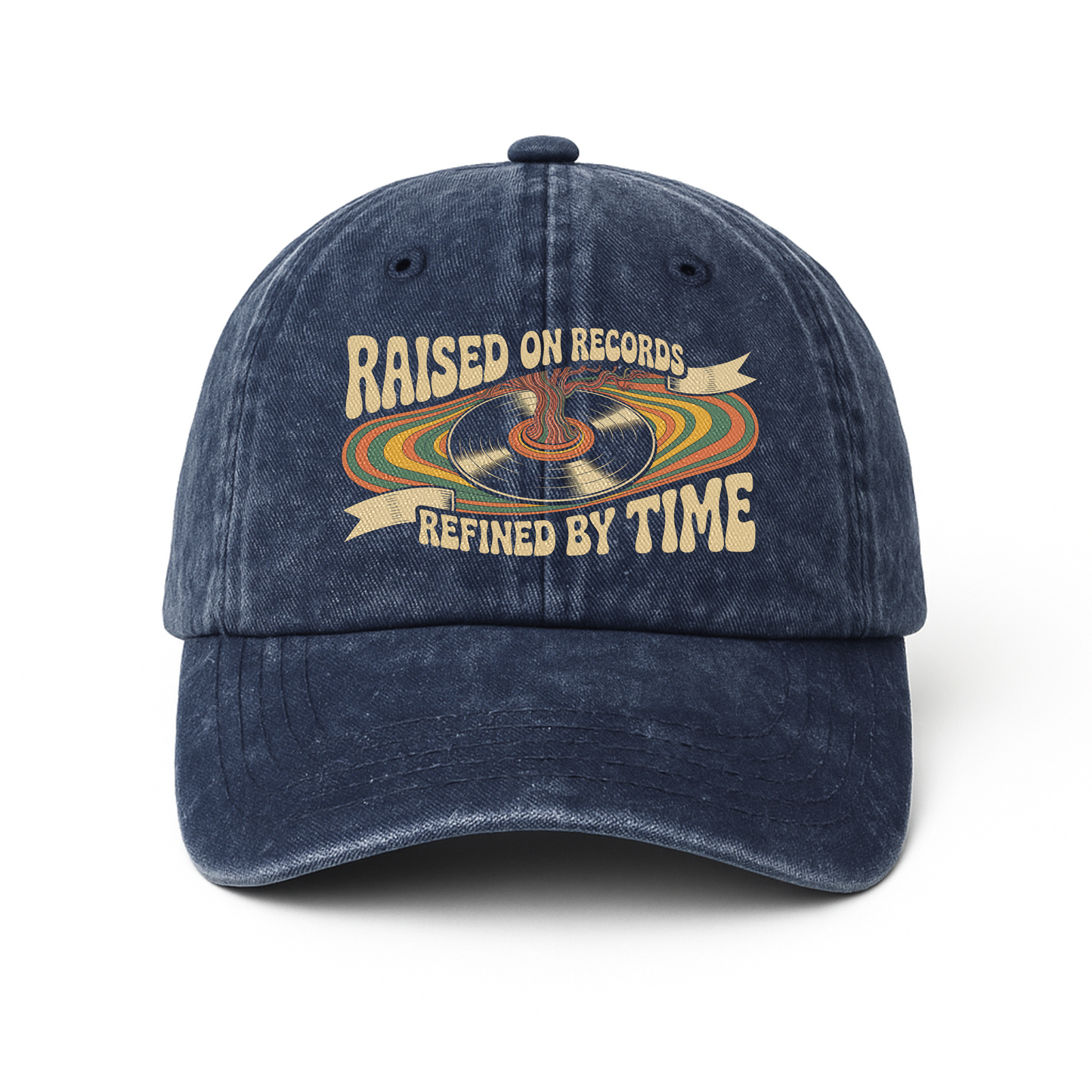 "Raised On Records. Refined By Time" Retro Music Washed Cap
